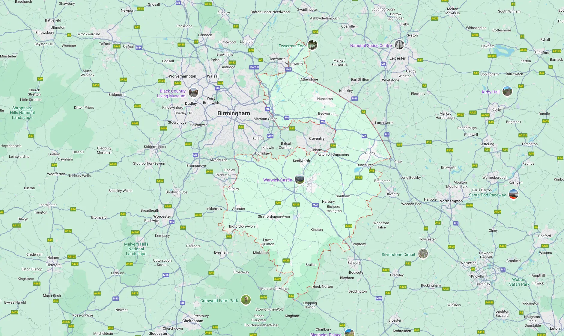 Warwickshire, the West Midlands, Worcestershire & the majority of Leicestershire
